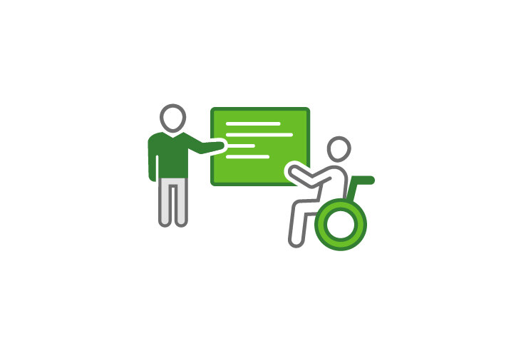 Grafik mit zwei Personen, eine Person steht, eine Person sitzt im Rollstuhl